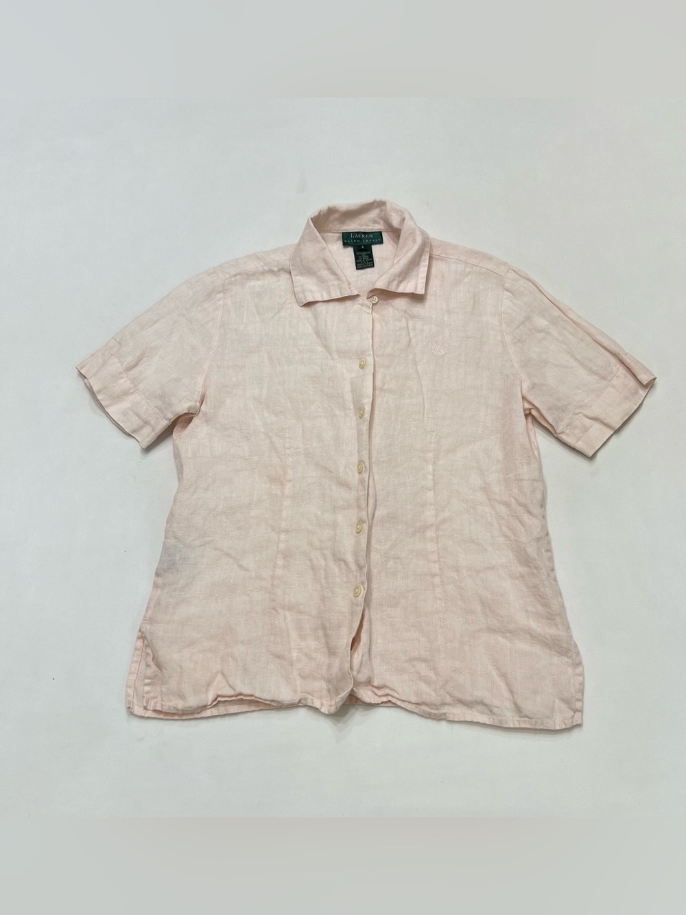 Vintage Lauren Ralph Lauren Linen Short Sleeve Button Down Shirt Sz 4 Light Pink